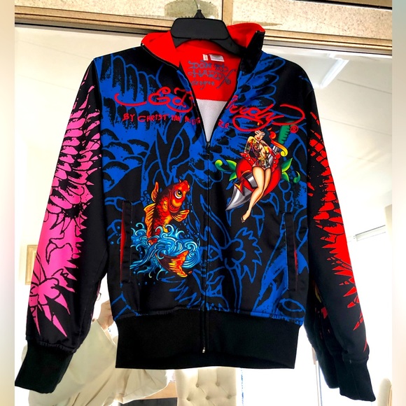 ED HARDY DEATH OR GLORY MULTI TRACK JACKET UNISEX SIZE S EMBROIDERED LOGOS - Picture 1 of 8